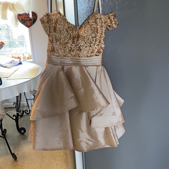 camille la vie champagne dress Satin Embellished Corset Column Dress with Side Drape missy / 10 / gold